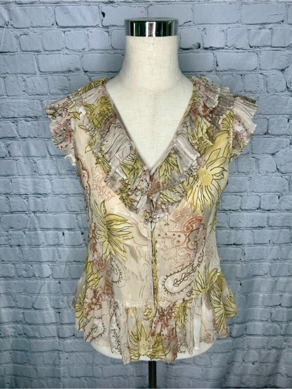 Think Tank 100% Silk Sleeveless Romantic Ruffle Blouse Floral Boho Women's M